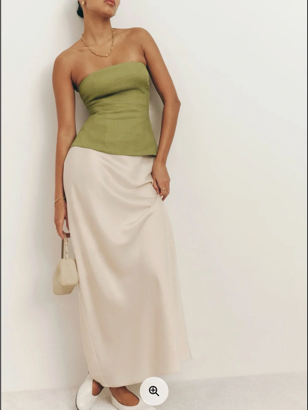 Reformation Iskra Two Piece Olive Strapless Top with Cream Satin Midi Skirt Set